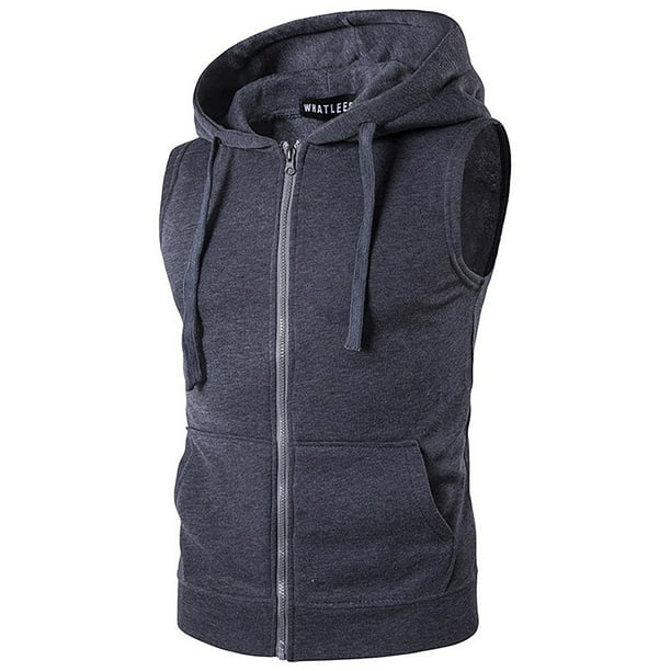 YYear Mens Casual Zip Solid Color Sleeveless Hooded Fitness Vest 